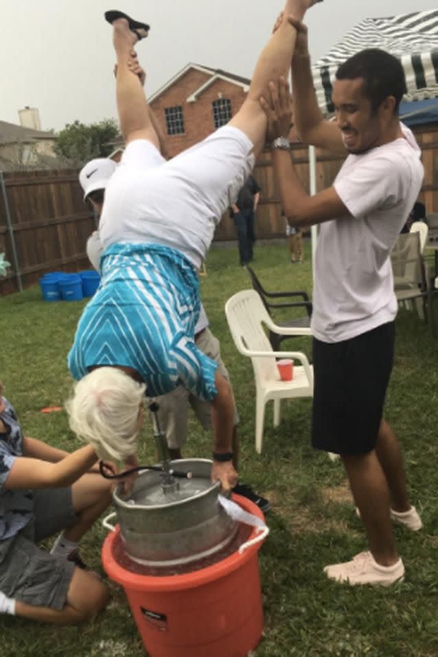 Muriel taking on the 'keg stand'. Photo: Twitter / Madison Rae