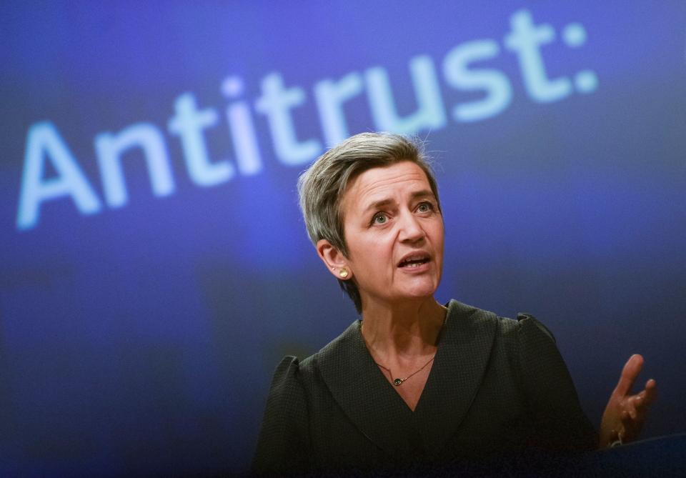 Margrethe Vestager, European Commision executive vice-president, said Apple exercises 'considerable market power' in the distribution of music streaming apps to owners of Apple devices, during a press conference on Friday. Photo: Johanna Geron/ AFP via Getty