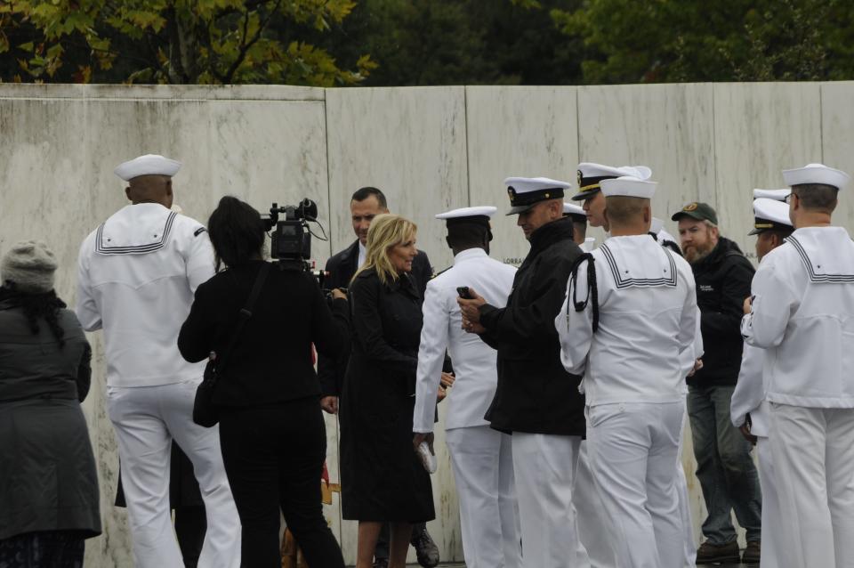 First lady Jill Biden meets with members of the USS Somerset after the Flight 93 Memorial ceremony Sunday morning.