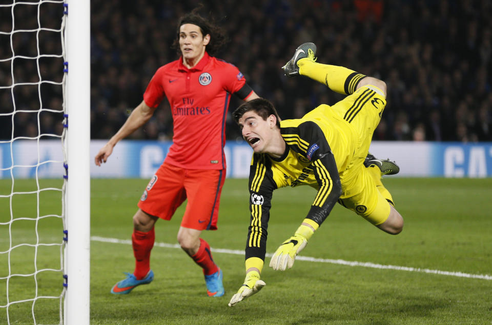 Football - Chelsea v Paris St Germain - UEFA Champions League Second Round Second Leg - Stamford Bridge, London, England - 11/3/15 Thiago Silva (not pictured) scores the second goal for PSG as Chelsea's Thibaut Courtois looks on Reuters / Stefan Wermuth Livepic EDITORIAL USE ONLY.