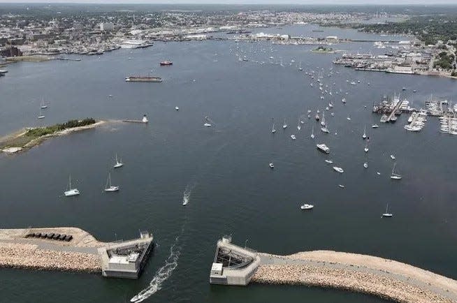 The New Bedford Hurricane Barrier in the foreground as seen in this Standard-Times file photo.