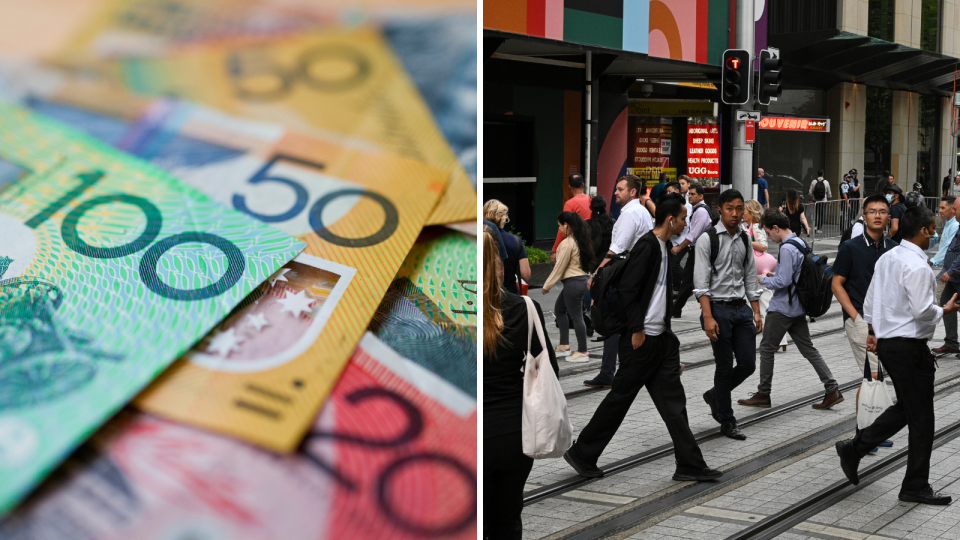 People in Sydney walking down the street and Australian currency 