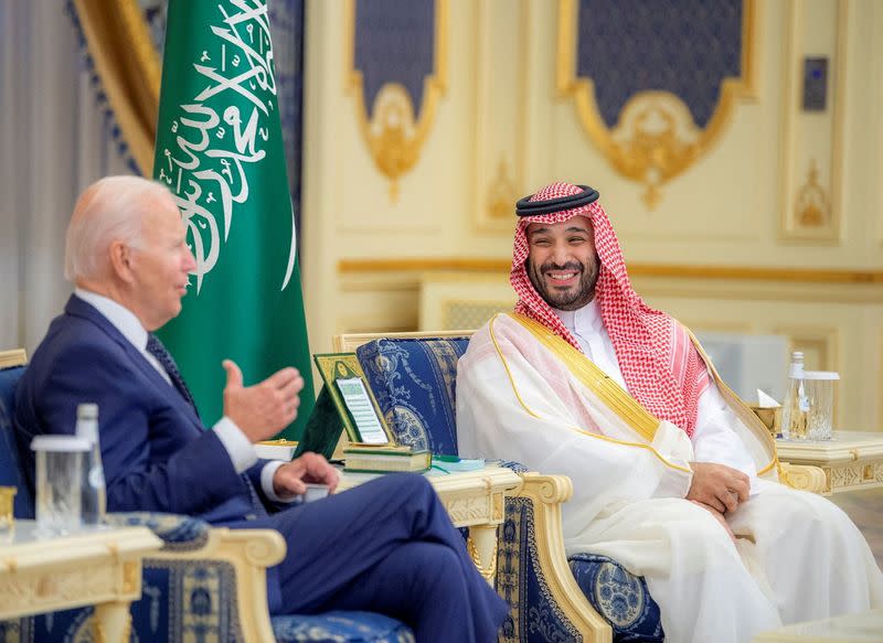 Saudi Crown Prince Mohammed bin Salman and U.S. President Joe Biden meet at Al Salman Palace upon his arrival in Jeddah, Saudi Arabia