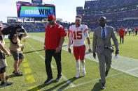 Kansas City Chiefs quarterback Patrick Mahomes (15) leaves the field after a 27-3 loss to the Tennessee Titans in an NFL football game Sunday, Oct. 24, 2021, in Nashville, Tenn. (AP Photo/Mark Zaleski)
