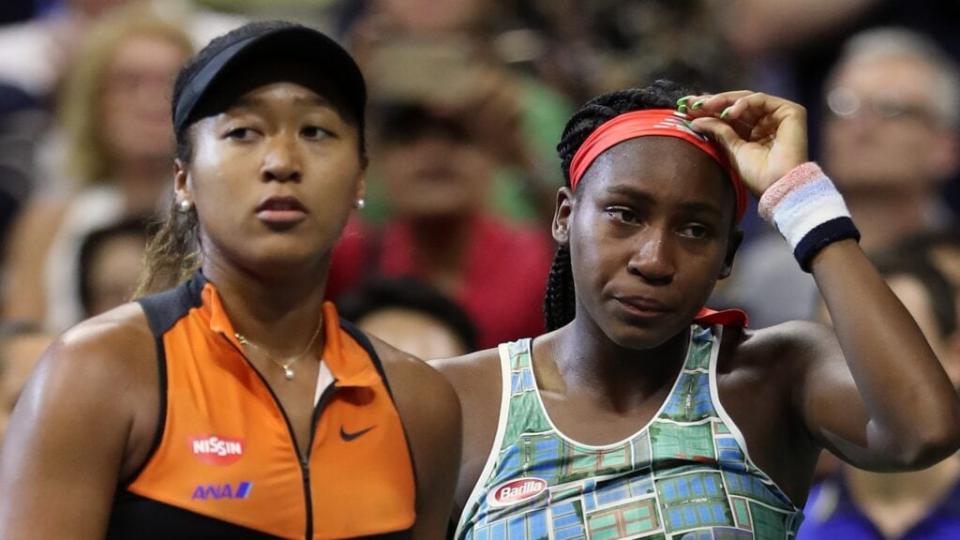 Naomi Osaka (left) and Cori Gauff (right) share sentiments following their Women’s Singles third-round match on Day Six of the 2019 U.S. Open in New York City. (Photo by Matthew Stockman/Getty Images)