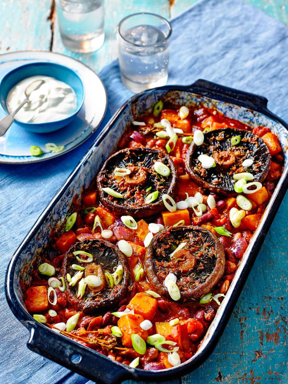 baked portobello mushrooms on smoky beans traybake