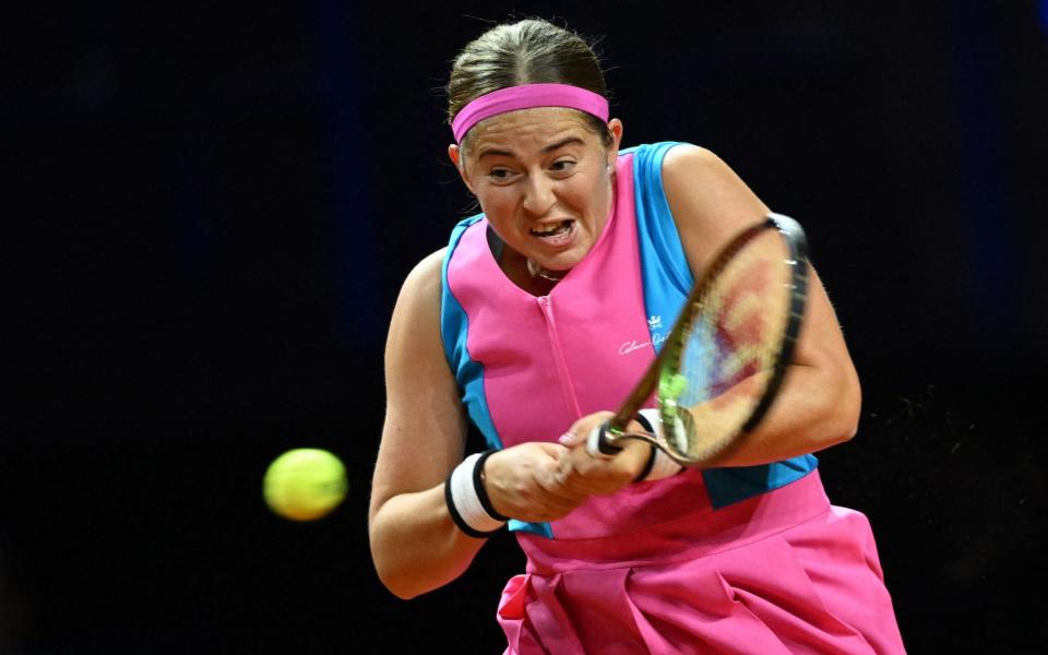 Jelena Ostapenko in action during her round of 32 match against Britain's Emma Raducanu - Reuters/Angelika Warmuth