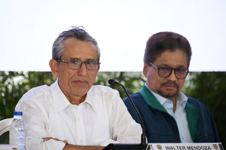 El líder la Segunda Marquetalia, una de las disidencias de la guerrilla de las FARC, Iván Márquez (D) y el jefe de la delegación del grupo Walter Mendoza en la apertura de las negociaciones de paz con el gobierno colombiano en Caracas, el 23 de junio de 2024 (Federico PARRA)