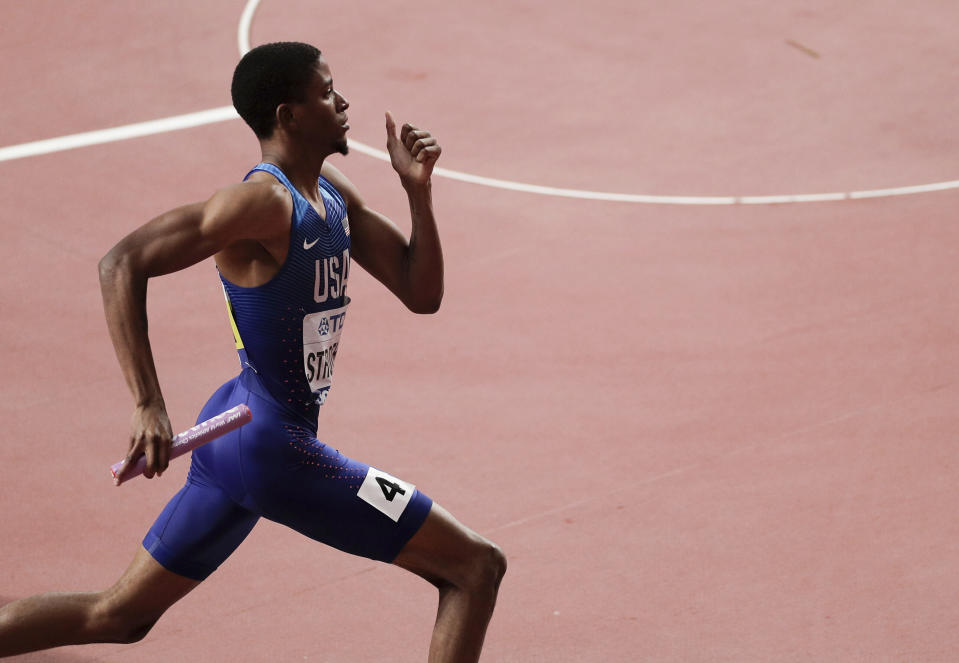 Nathan Strother of the United States races in a men's 4x400 meter relay heat at the World Athletics Championships in Doha, Qatar, Saturday, Oct. 5, 2019. (AP Photo/Nariman El-Mofty)