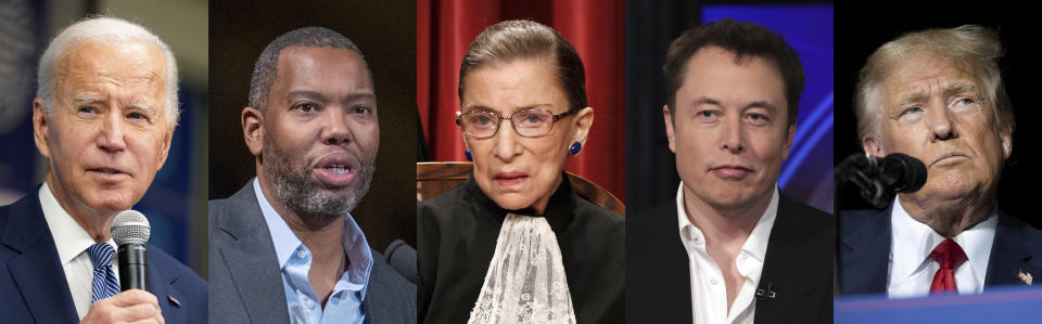 This combination of photos shows, from left, President Joe Biden, author Ta-Nehisi Coates, the late Supreme Court Justice Ruth Bader Ginsburg, businessman Elon Musk and former President Donald Trump, who are included in the 19th edition of "Bartlett's Familiar Quotations." (AP Photo)