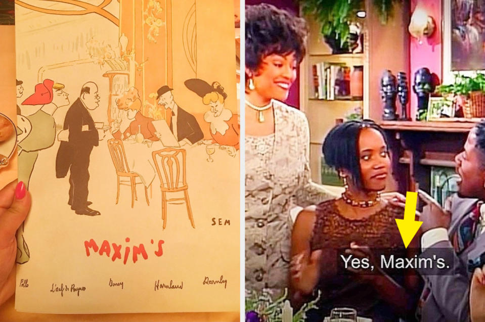 A woman is on the left holding a menu that says "Maxim's" while friends are on the right at dinner