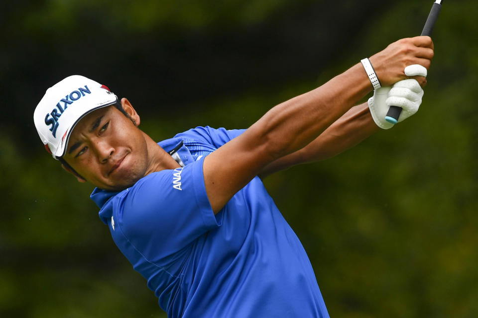 FILE - In this Sunday, Aug. 25, 2019 file photo, Hideki Matsuyama, of Japan, tees off on the second hole during the final round of the Tour Championship golf tournament in Atlanta. Matsuyama will compete against Tiger Woods, Rory McIlroy and Jason Day in a Skins competition in Japan on Oct. 21. (AP Photo/John Amis, File)