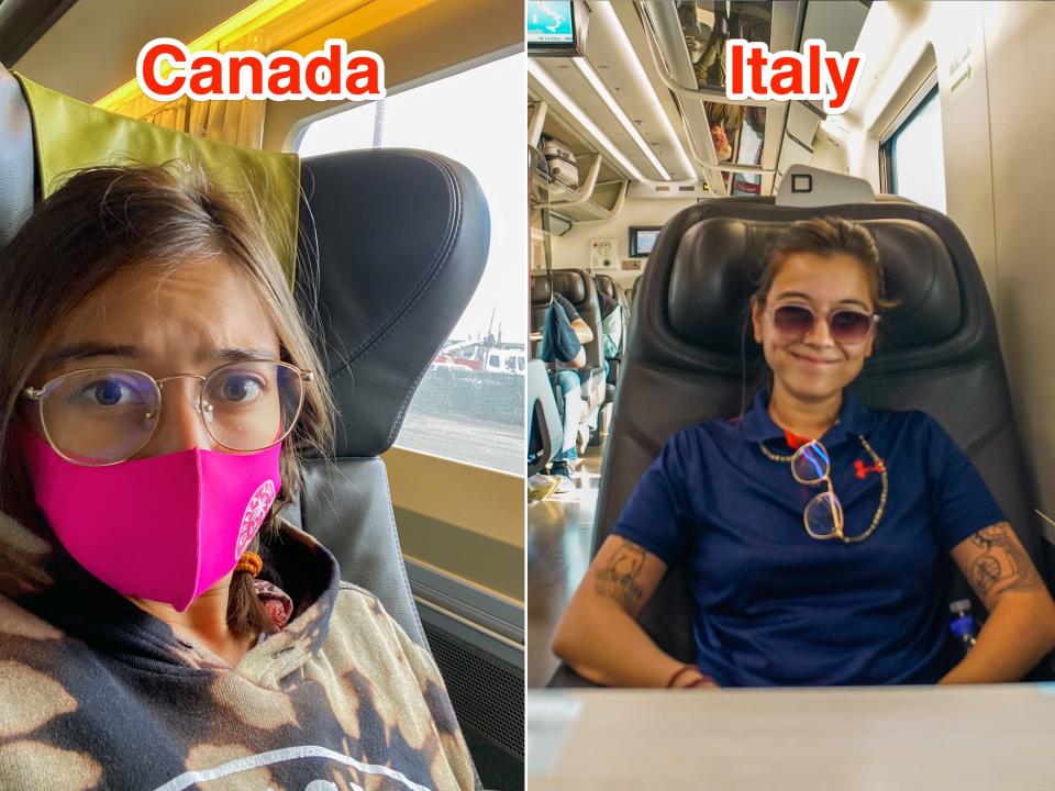 The author rides in business class on trains in Canada (L) and Italy (R).