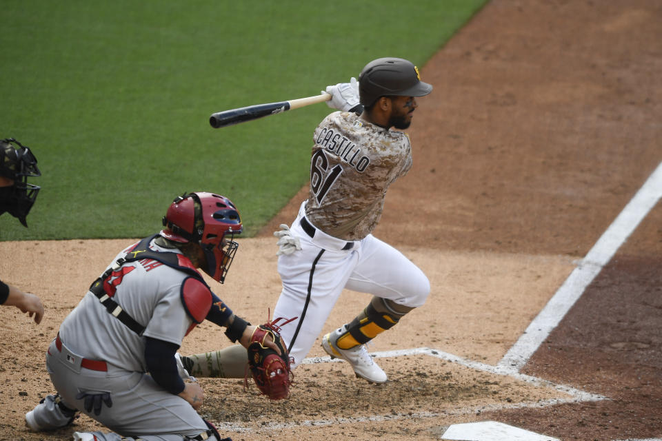 San Diego Padres' Ivan Castillo (61) hits an RBI single during the fourth inning of a baseball game against the St. Louis Cardinals, Sunday, May 16, 2021, in San Diego. (AP Photo/Denis Poroy)