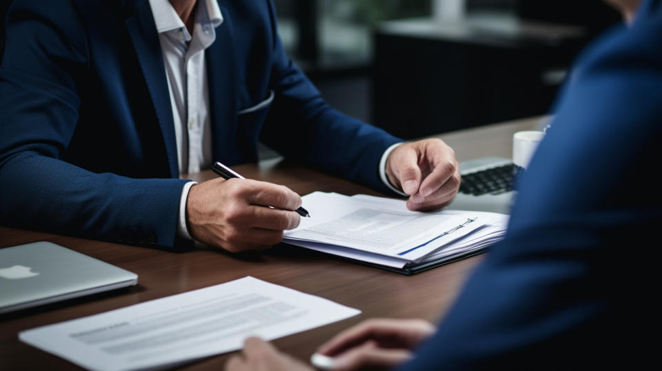 A close-up of an insurance product while an employee explains its features to a customer.