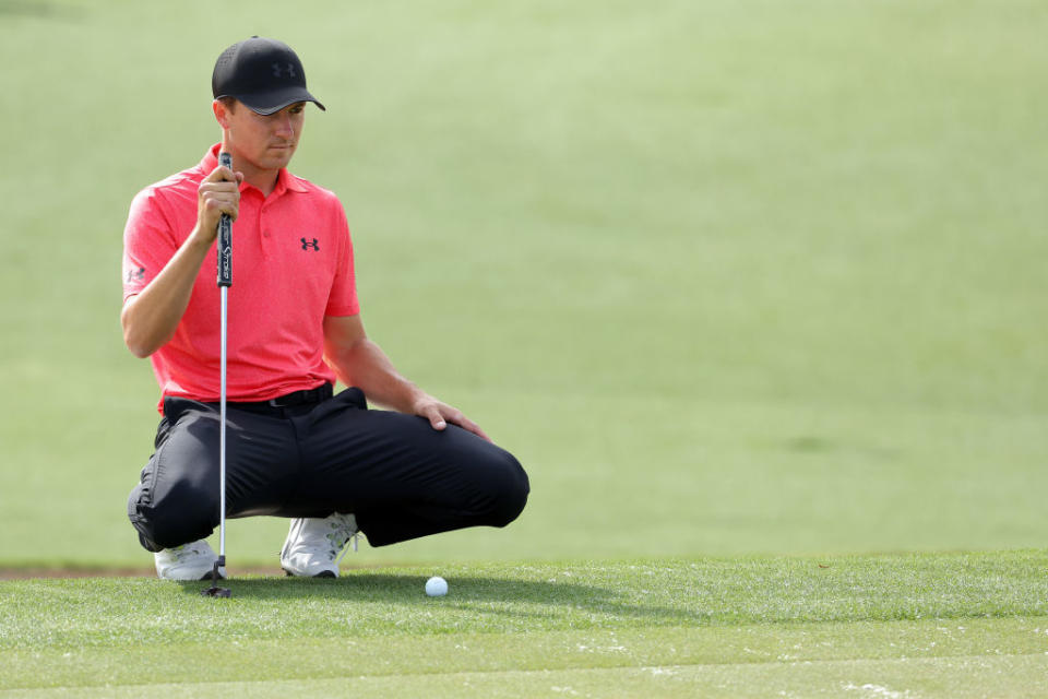 AUGUSTA, GEORGIA - APRIL 11: Jordan Spieth of the United States lines up a putt on the second green during the first round of the 2024 Masters Tournament at Augusta National Golf Club on April 11, 2024 in Augusta, Georgia.  (Photo by Jamie Squire/Getty Images)