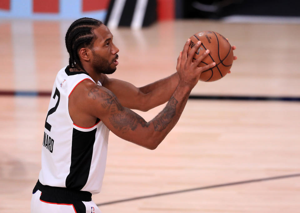 Kawhi Leonard #2 of the LA Clippers shoots the ball during the second quarter against the Denver Nuggets.