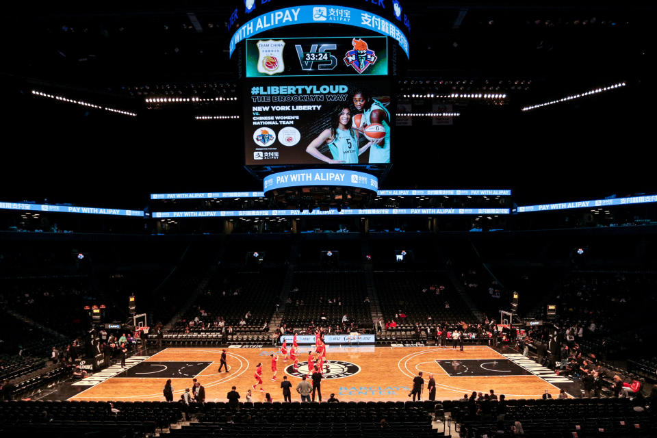 May 9, 2019; New York City, NY, USA; The China National Team warms up before a preseason WNBA game against the New York Liberty at Barclays Center.  Mandatory Credit: Vincent Carchietta-USA TODAY Sports