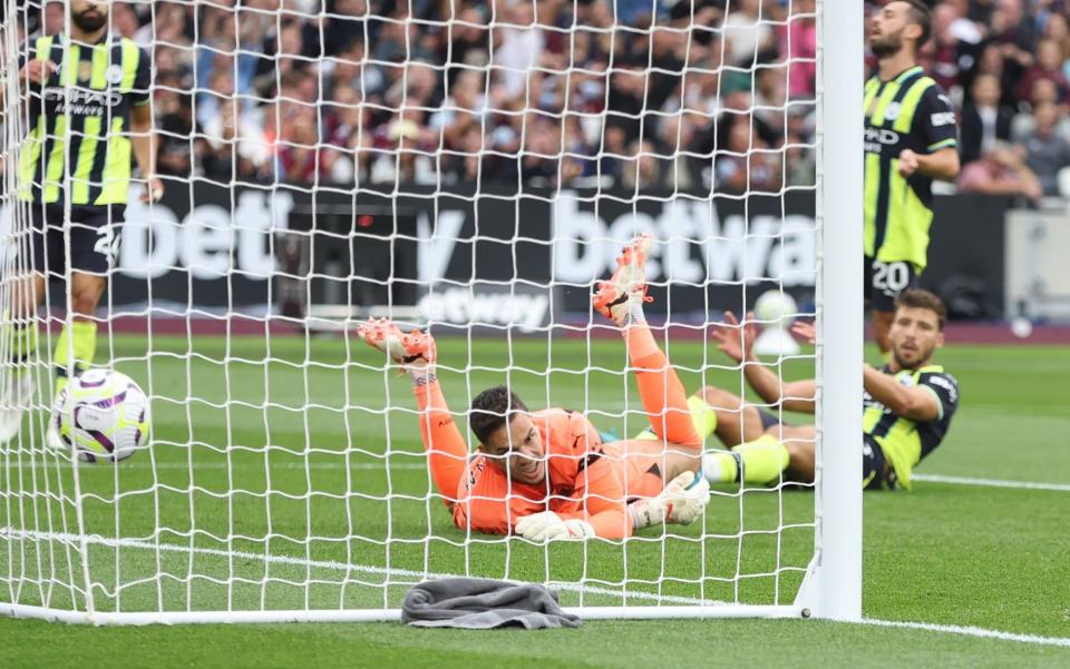 Ederson cannot stop West Ham United's first goal, an own goal by Ruben Dias during the Premier League match between West Ham and Manchester City, August 31, 2024