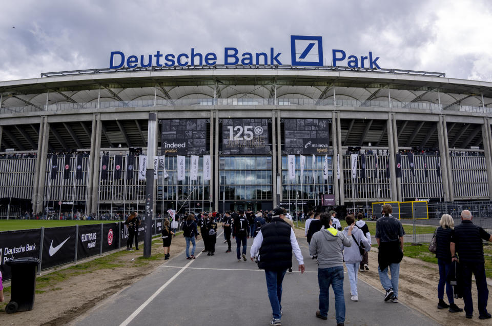 File - Exterior view of the stadium of the German first division, Bundesliga, soccer club Eintracht Frankfurt in Frankfurt, Germany, Sunday, May 5, 2024. The European Championship in Germany is all about tried and tested stadiums with a rich soccer history. Unlike at some recent World Cups, there's been no rush to finish stadiums on time.(AP Photo/Michael Probst, File)
