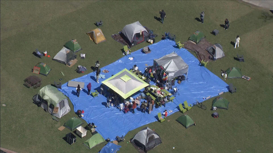 A pro-Palestinian camp set up at MIT on Monday, April 22, 2024. / Credit: CBS Boston