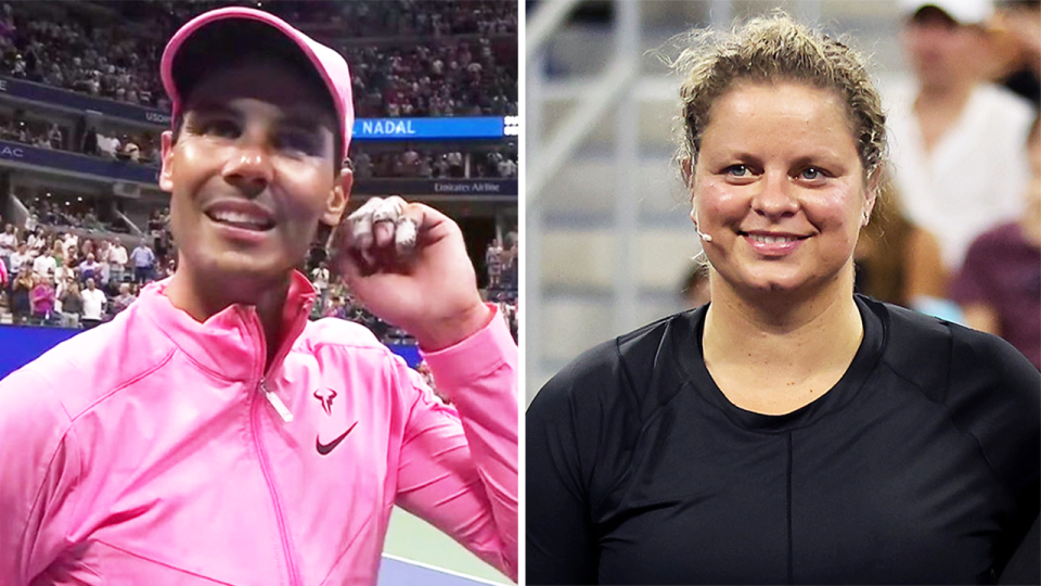 Tennis great Kim Clijsters (pictured right) during an exhibition match (pictured left) Rafa Nadal during an on-court interview.