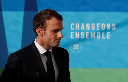 French President Emmanuel Macron delivers a speech after attending a meeting "The presentation of the strategy for ecology transition" at the Elysee Palace, France November 27, 2018. Ian Langsdon/Pool via REUTERS/Files