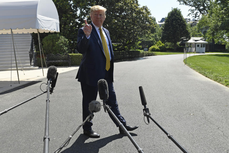 President Donald Trump speaks to reporters on the South Lawn of the White House in Washington, Saturday, June 22, 2019, before boarding Marine One for the trip to Camp David in Maryland. (AP Photo/Susan Walsh)