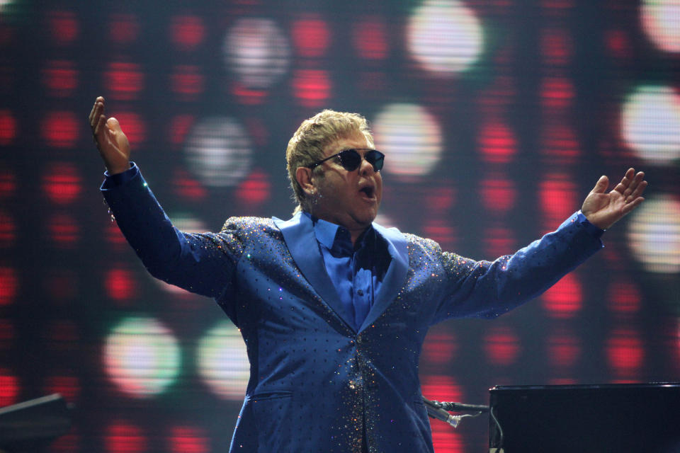 Elton John performs a concert live on stage during Rock in Rio 2015 held in Rio de Janeiro, Brazil on September 20, 2015. (Photo by Antonio Cicero / Fotoarena) *** Please Use Credit from Credit Field ***