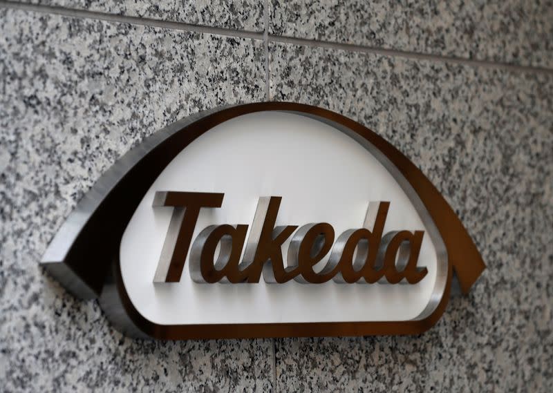 Takeda Pharmaceutical Co's logo is seen at its new headquarters in Tokyo