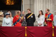 <p><span>While the Queen looked on, Prince Philip joked around with Harry, Will and Kate while attending the Queen’s Birthday Parade in 2014. [</span>Photo: Getty Images] </p>