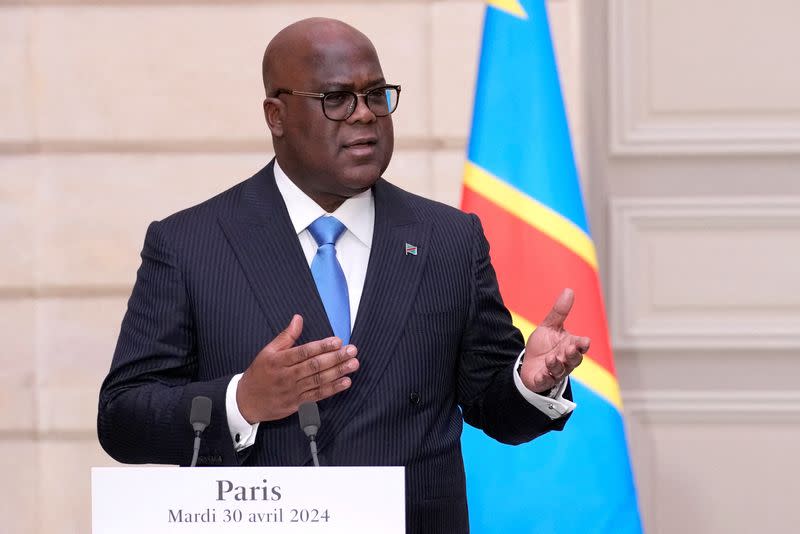 FILE PHOTO: Congo's President Felix Tshisekedi and French President Emmanuel Macron hold a press conference, in Paris
