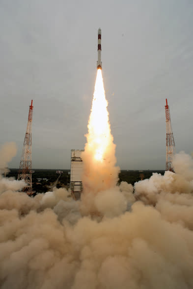India launches its 100th space mission on Sept. 9, 2012, with the successful flight of this Polar Satellite Launch Vehicle carrying the Spot 6 communications satellite and Proiteres amateur radio satellite. The mission launched from India's Sat