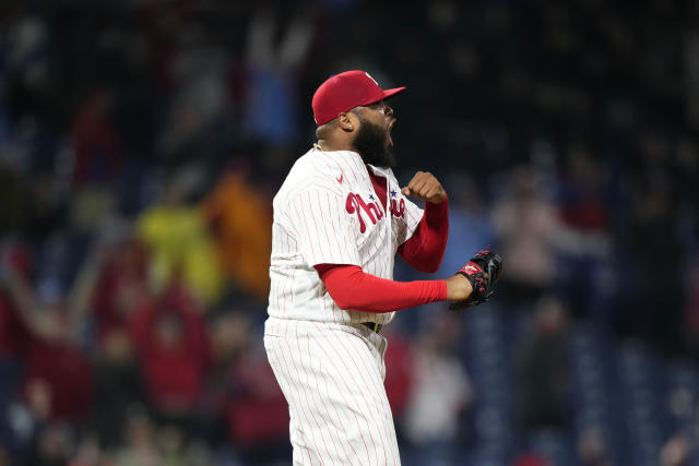 Philadelphia Phillies' Edmundo Sosa reacts during a baseball game