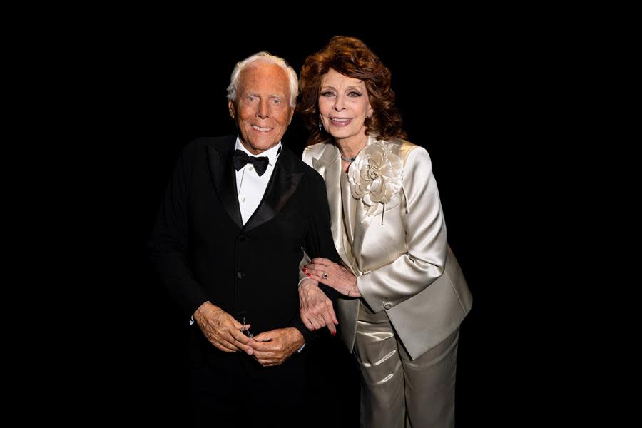 Iconic Italian fashion and style icons Giorgio Armani and Sophia Loren share a moment at the One Night Only Venezia Armani event held in conjunction with the 80th Annual Venice International Film Festival. (Giorgio Armani)