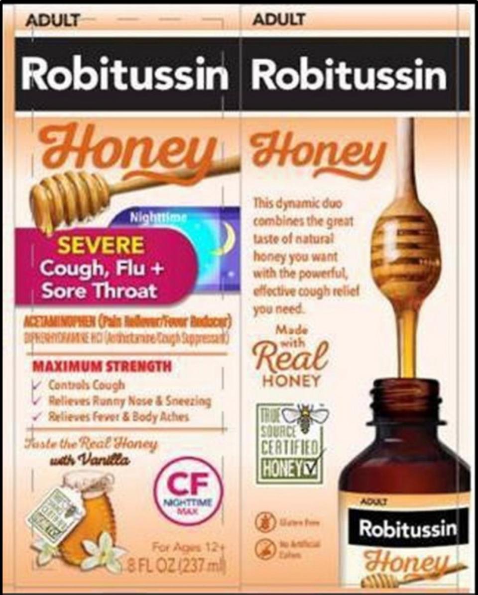 PHOTO: Haleon is voluntarily recalling eight lots of Robitussin Honey CF Max Day Adult and Robitussin Honey CF Max Nighttime Adult to the consumer level. (FDA)