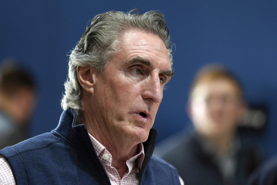 FILE - Republican presidential candidate North Dakota Gov. Doug Burgum speaks during a town hall meeting with employees at Rueter's Equipment, June 9, 2023, in Elkhart, Iowa. (AP Photo/Charlie Neibergall, File)