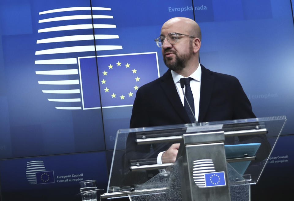 FILE - In this file photo dated Friday, Dec. 13, 2019, European Council President Charles Michel during a media conference at the conclusion of an EU summit in Brussels. Massive challenges lay ahead for the European Union in 2020, as the impact of climate change seems likely to drive the bloc's thinking and policy initiatives over the coming years, starting Wednesday Jan. 1, 2020. (AP Photo/Francisco Seco, FILE)