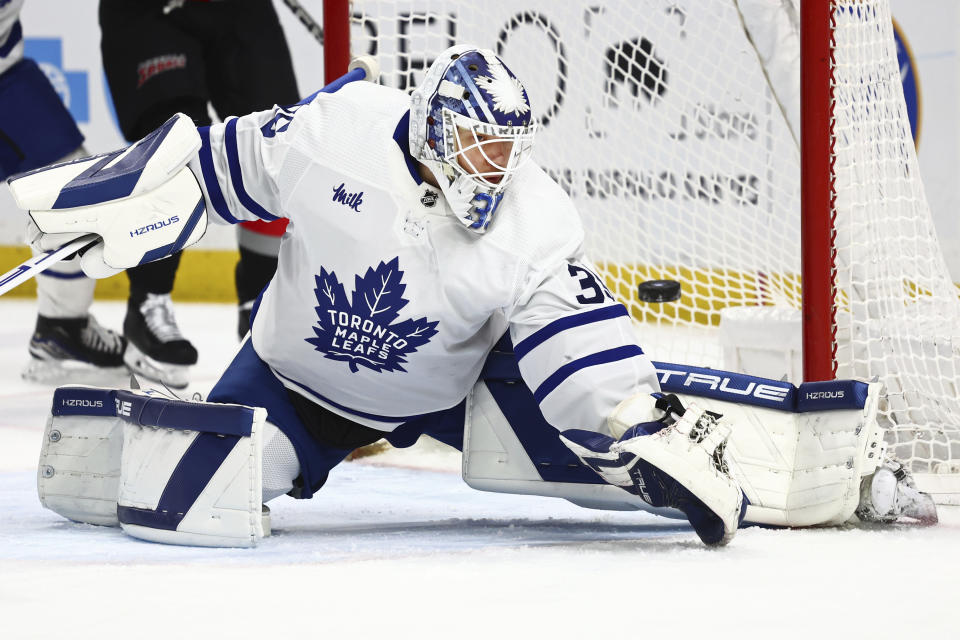 Toronto Maple Leafs goaltender Ilya Samsonov (35) makes a save during the first period of an NHL hockey game against the Buffalo Sabres, Saturday, March 30, 2024, in Buffalo, N.Y. (AP Photo/Jeffrey T. Barnes)