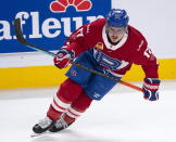 Montreal Canadiens' Brendan Gallagher warms up before the Laval Rocket against the Toronto Marlies American Hockey League game in Montreal, Monday, May 17, 2021. Gallagher and teammate Carey Price are on a one-game conditioning loan to the Rocket before their playoff series against the Toronto Maple Leafs. (Ryan Remiorz/The Canadian Press via AP)