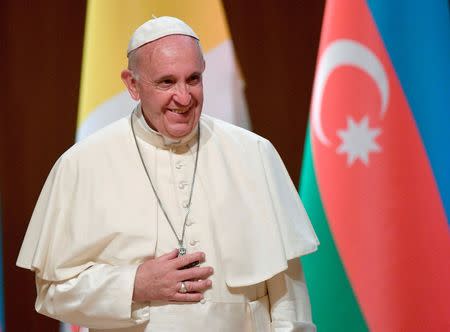 Pope Francis arrives at the Heydar Aliyev Center for a meeting with the authorities in Baku, Azerbaijan, October 2, 2016. REUTERS/Luca Zennaro/Pool