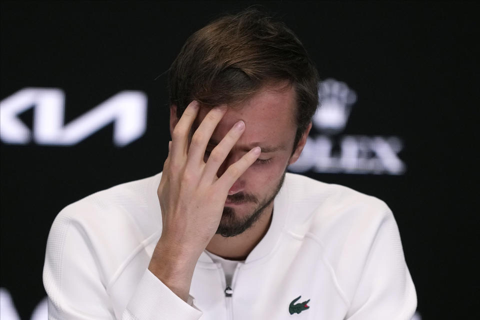 Daniil Medvedev of Russia reacts at a press conference following his loss to Jannik Sinner of Italy in the men's singles final at the Australian Open tennis championships at Melbourne Park, in Melbourne, Australia, early Monday, Jan. 29, 2024. (AP Photo/Alessandra Tarantino)