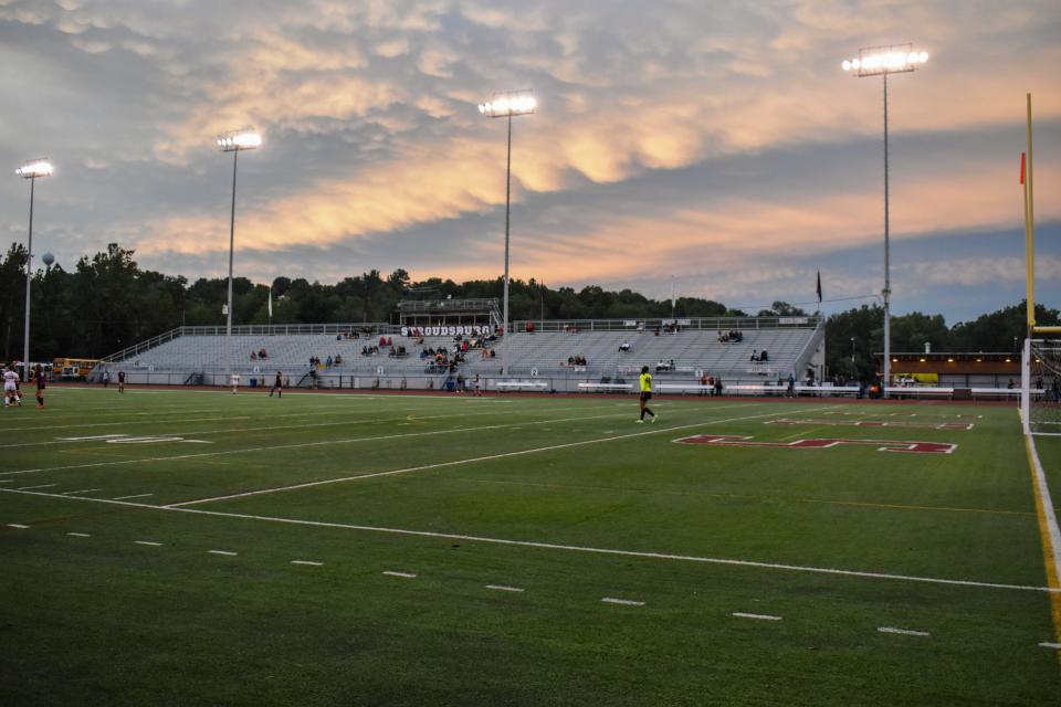 The sun sets over Ross Stulgaitis Stadium in Stroudsburg, where Stroudsburg and Pocono Mountain East girls soccer teams compete on Thursday, Sept. 9, 2021. The two squads met for the Jay Effross Memorial game, which celebrates the life of Stroudsburg girls soccer's founder.