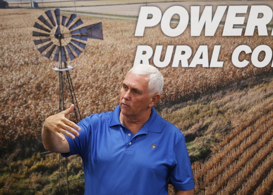 Republican presidential candidate and former vice president Mike Pence speaks during a campaign stop at Midland Power Cooperative Tuesday, July 4, 2023, in Boone, Iowa.