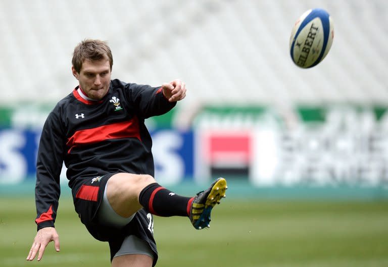 Wales fly-half Mike Phillips practises his kicking, on February 8, 2013 at the Stade de France in Paris. Wales have little to be positive about having completely lost their way since storming to the Grand Slam last year