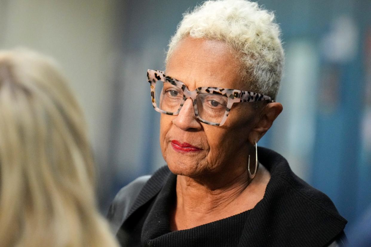 NAACP Columbus chapter president Nana Watson speaks with the media after a Columbus City Schools Board of Education meeting on May 16, 2023.