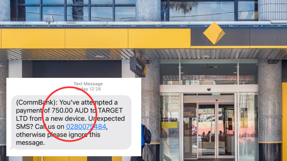 A composite image of a Commonwealth bank branch and a text message scam purporting to be from the bank.