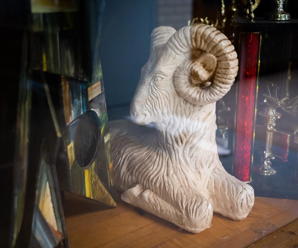 A ram statue sits in a trophy case at the former Johnston High School. While LASA chose the Raptor as their mascot, Johnston High School teams were the Rams.