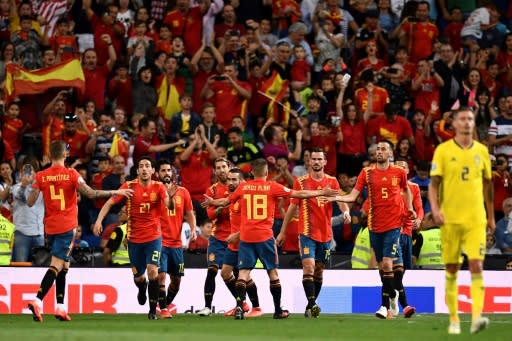 Sergio Ramos celebrates with his Spain teammates after scoring in their 3-0 win over Sweden in Euro 2020 qualifying