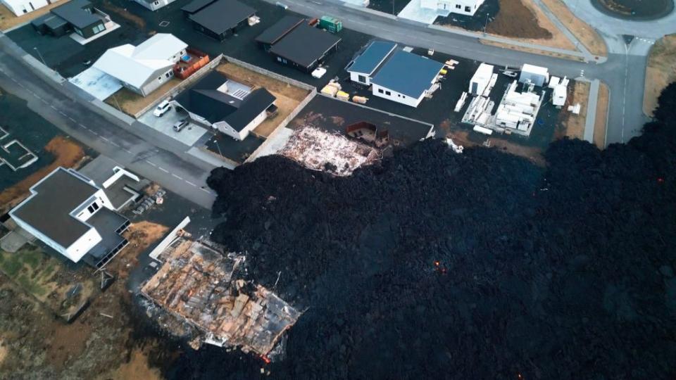 An aerial view of the town of Grindavik after lava flows coursed through the town.